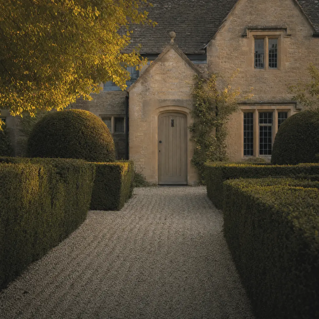 A freshly raked gravel path through clipped yew