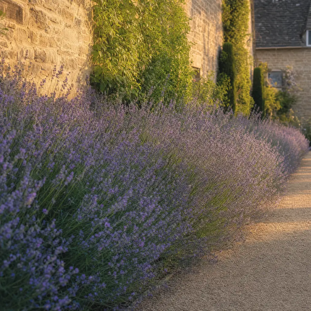 A lavender row edging a gravel path in evening light