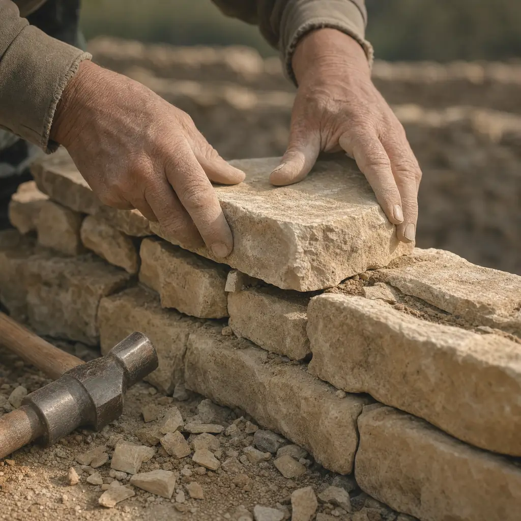 Hands setting a course stone on a dry-stone wall