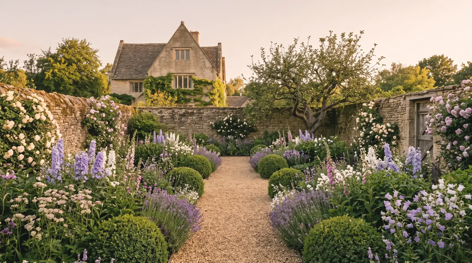 A walled Cotswold garden in full maturity at golden evening