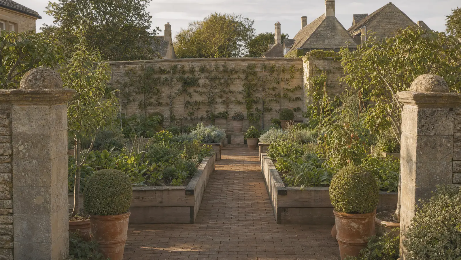 The Kitchen Garden · Oak beds, espaliered pears, and a gate that closes with a proper click. Supper tastes of the garden by July.